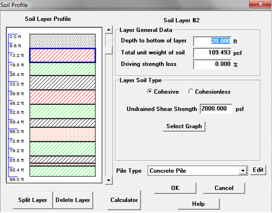 Input screen for soil layers and properties